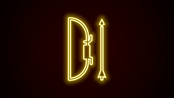 Świecąca neonowa linia Łuk i strzałka w ikonie kołczanu izolowane na czarnym tle. 4K Animacja graficzna ruchu wideo — Wideo stockowe