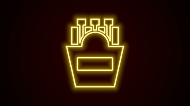 Leuchtende Neon-Linie Kartoffeln Pommes frites in Karton Verpackung Symbol isoliert auf schwarzem Hintergrund. Fast Food Menü. 4K Video Motion Grafik Animation — Stockvideo