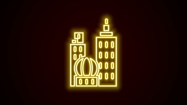 Zářící neon line Město krajina ikona izolované na černém pozadí. Metropolis architektura panoramatická krajina. Grafická animace pohybu videa 4K — Stock video