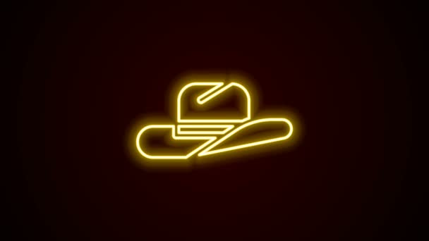 Linha de néon brilhante ícone chapéu de cowboy ocidental isolado no fundo preto. Animação gráfica em movimento de vídeo 4K — Vídeo de Stock