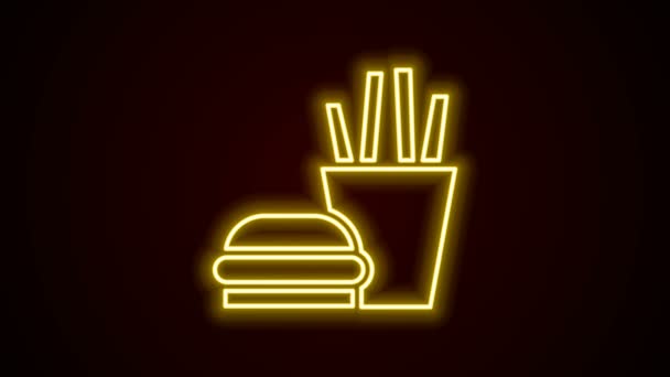 Gloeiende neon lijn Burger en frites in kartonnen verpakking pictogram geïsoleerd op zwarte achtergrond. Hamburger, cheeseburger sandwich. Fast food. 4K Video motion grafische animatie — Stockvideo