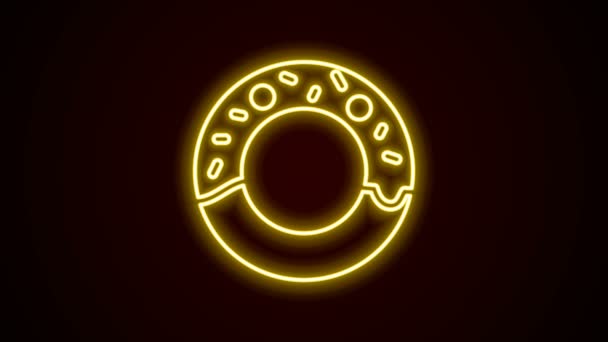 Linha de néon brilhante Donut com ícone de esmalte doce isolado no fundo preto. Animação gráfica em movimento de vídeo 4K — Vídeo de Stock