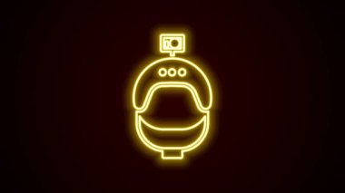 Parlayan neon çizgi miğferi ve kamera simgesi siyah arkaplanda izole edildi. 4K Video hareketli grafik canlandırması