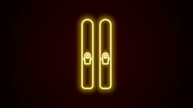 Parlak neon hattı Kayak ve Çubuk simgesi siyah arkaplanda izole edildi. Olağanüstü bir spor. Kayak ekipmanları. Kış sporları ikonu. 4K Video hareketli grafik canlandırması