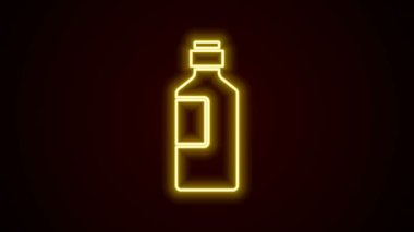 Parlayan neon hattı. Siyah arka planda izole edilmiş bir su ikonu şişesi. Soda su içme tabelası. 4K Video hareketli grafik canlandırması