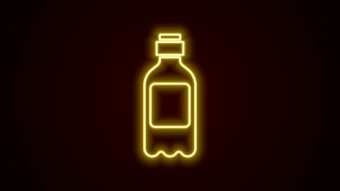 Parlayan neon hattı. Siyah arka planda izole edilmiş bir su ikonu şişesi. Soda su içme tabelası. 4K Video hareketli grafik canlandırması