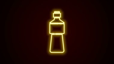 Parlayan neon hattı. Siyah arka planda izole edilmiş bir su ikonu şişesi. Soda su içme tabelası. 4K Video hareketli grafik canlandırması