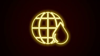 Dünya gezegeninin parlayan neon hattı kara arka planda izole edilmiş su damlası ikonu. Dünya küresi. Su tasarrufu ve dünya çevre koruma. 4K Video hareketli grafik canlandırması