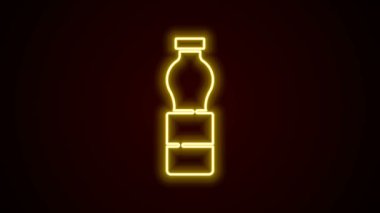 Parlayan neon hattı. Siyah arka planda izole edilmiş bir su ikonu şişesi. Soda su içme tabelası. 4K Video hareketli grafik canlandırması