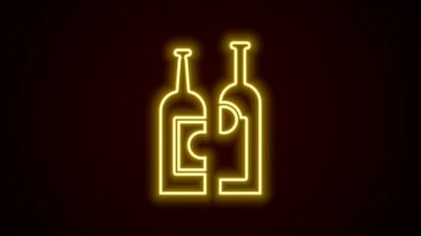 Parlayan neon çizgisi şarap şişeleri siyah arka planda izole edilmiş. 4K Video hareketli grafik canlandırması
