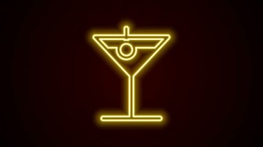 Parlayan neon hattı Martini cam ikonu siyah arka planda izole edildi. Kokteyl ikonu. Şarap kadehi ikonu. 4K Video hareketli grafik canlandırması