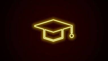 Parlayan neon hattı mezuniyet simgesi siyah arkaplanda izole edildi. Tassel ikonlu mezuniyet şapkası. 4K Video hareketli grafik canlandırması