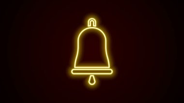Parlayan neon hattı zil simgesi siyah arkaplanda izole edildi. Alarm sembolü, servis zili, el zili işareti, uyarı sembolü. 4K Video hareketli grafik canlandırması