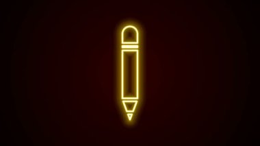 Siyah arkaplanda silgi simgesi olan parlak neon çizgili kalem. Çizim ve eğitim araçları. Okul sembolü. 4K Video hareketli grafik canlandırması