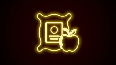 Çuval ikonunda parlayan neon çizgisi Apple siyah arka planda izole edilmiş. Elmalar çantanın içinde. Çiftçi pazarı. 4K Video hareketli grafik canlandırması
