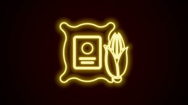 Parlayan neon hattı siyah arkaplanda izole edilmiş çuval ikonunda mısır. Çadır bezi torbasında mısır. Çiftçi pazarı. 4K Video hareketli grafik canlandırması