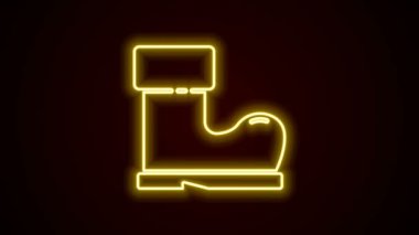 Parlayan neon hattı su geçirmez lastik bot simgesi siyah arkaplanda izole edildi. Yağmurlu hava, balıkçılık, bahçe işleri için çizme. 4K Video hareketli grafik canlandırması