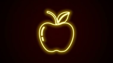 Parlayan neon çizgisi Apple simgesi siyah arkaplanda izole edildi. Yaprak sembollü meyve. 4K Video hareketli grafik canlandırması