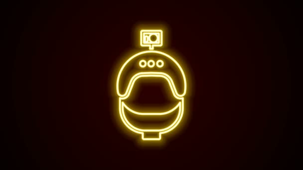 Gloeiende neon lijn Helm en actie camera pictogram geïsoleerd op zwarte achtergrond. 4K Video motion grafische animatie — Stockvideo