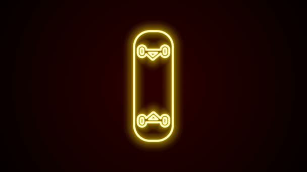 Leuchtendes neonfarbenes Skateboard-Trick-Symbol isoliert auf schwarzem Hintergrund. Extremsport. Sportgeräte. 4K Video Motion Grafik Animation — Stockvideo