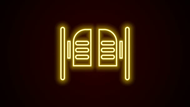 Linea neon incandescente Icona della porta del salone oscillante Old Western isolata su sfondo nero. Animazione grafica 4K Video motion — Video Stock