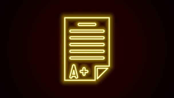 Lenzuolo luminoso al neon con icona A plus grade isolata su sfondo nero. Test di carta, esame, o il concetto di indagine. Prova scolastica o esame. Animazione grafica 4K Video motion — Video Stock