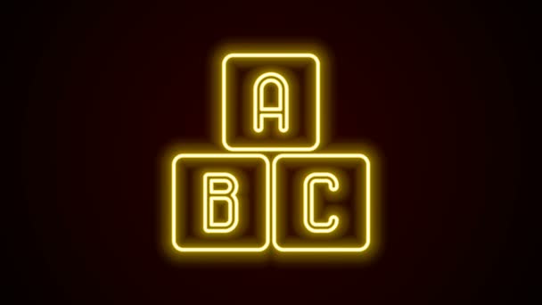 Linha de néon brilhante ABC bloqueia ícone isolado no fundo preto. Cubos de alfabeto com letras A, B, C Animação gráfica em movimento de vídeo 4K — Vídeo de Stock
