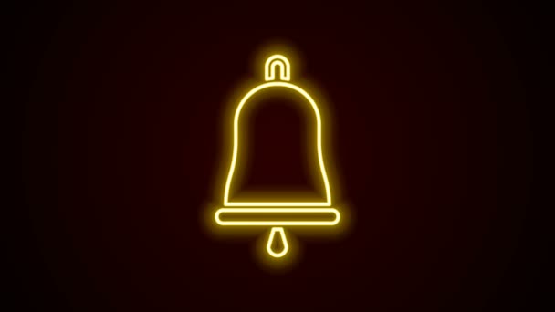 Gloeiende neon lijn Ringing bel pictogram geïsoleerd op zwarte achtergrond. Alarmsymbool, bedrijfsbel, handbelteken, meldsymbool. 4K Video motion grafische animatie — Stockvideo