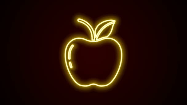 Zářící neonová čára Ikona Apple izolovaná na černém pozadí. Ovoce se symbolem listu. Grafická animace pohybu videa 4K — Stock video