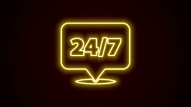 Parlayan neon hattı Saat 24 saat simgesi siyah arkaplanda izole edildi. Tüm gün döngü simgesi. 24 saat hizmet sembolü. 4K Video hareketli grafik canlandırması