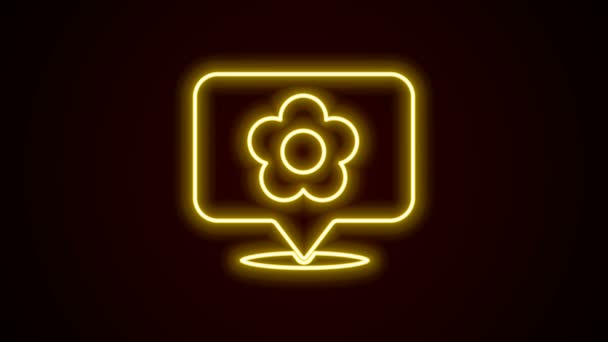 Siyah zemin üzerinde çiçek simgesi olan parlak neon çizgisi konumu. 4K Video hareketli grafik canlandırması — Stok video