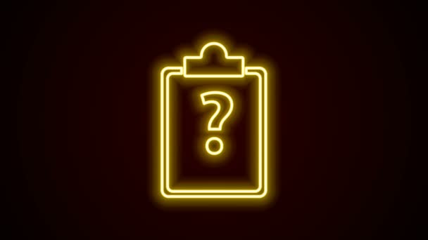 Glowing neon line Clipboard with question marks icon isolated on black background. Survey, quiz, investigation, customer support questions concepts. 4K Video motion graphic animation — Stock Video