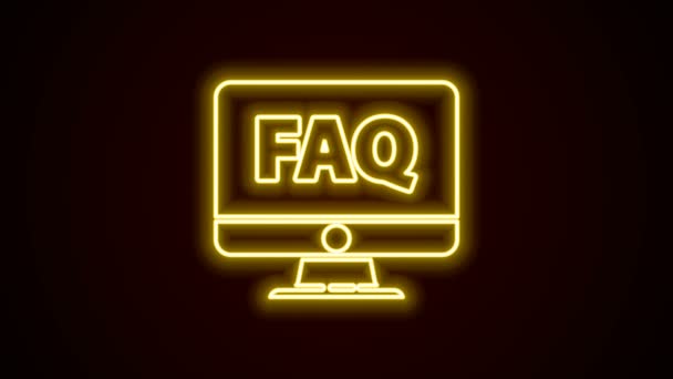 Glowing neon line Computer monitor and FAQ icon isolated on black background. Adjusting, service, setting, maintenance, repair, fixing. 4K Video motion graphic animation — Stock Video