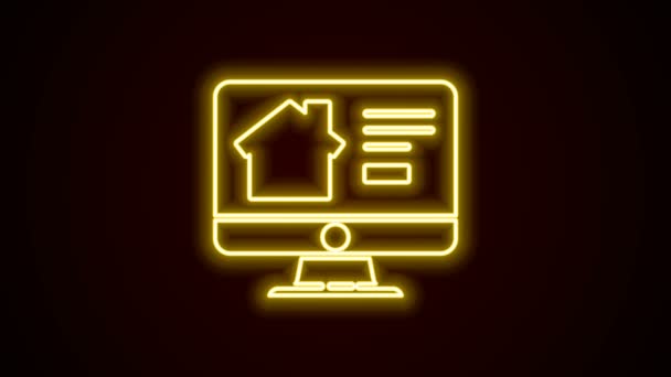 Glowing neon line Online real estate house on monitor icon isolated on black background. Home loan concept, rent, buy, buying a property. 4K Video motion graphic animation — Stock Video