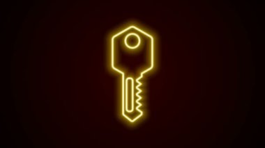 Parlayan neon hattı ev anahtarı simgesi siyah arkaplanda izole edildi. 4K Video hareketli grafik canlandırması