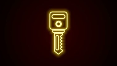 Parlayan neon hattı ev anahtarı simgesi siyah arkaplanda izole edildi. 4K Video hareketli grafik canlandırması