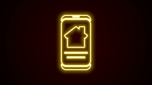 Linea neon incandescente Casa immobiliare online sull'icona dello smartphone isolata su sfondo nero. Concetto di mutuo casa, affitto, acquisto, acquisto di un immobile. Animazione grafica 4K Video motion — Video Stock