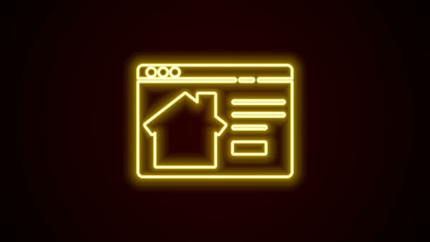 Leuchtende Leuchtschrift Online-Immobilienhaus im Browser-Symbol isoliert auf schwarzem Hintergrund. Immobilienkreditkonzept, mieten, kaufen, kaufen. 4K Video Motion Grafik Animation — Stockvideo
