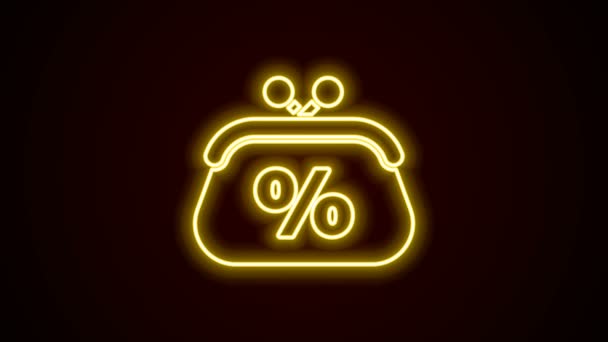 Leuchtende Leuchtschrift Geldbörse Prozentsatz Symbol isoliert auf schwarzem Hintergrund. Prozent Loyalität Brieftasche Zeichen. 4K Video Motion Grafik Animation — Stockvideo