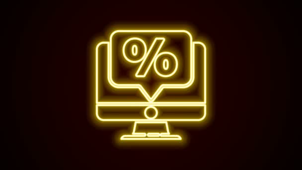Zářící neonová čára Procento sleva a monitor ikona izolované na černém pozadí. Procento prodeje - cenovka, značka. Grafická animace pohybu videa 4K — Stock video