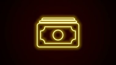 Parlak neon hattı kağıt yığınları para ikonu siyah arka planda izole. Para desteleri. Para birimi. 4K Video hareketli grafik canlandırması