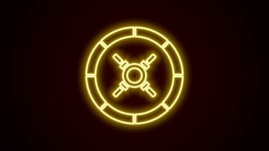 Parlayan neon hattı siyah arkaplanda güvenli simge. Kapı, şifreli bir banka kasası. Güvenilir Veri Koruma. 4K Video hareketli grafik canlandırması