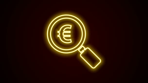 Linha de néon brilhante Ícone de lupa e símbolo do euro isolado no fundo preto. Arranja dinheiro. À procura de dinheiro. Animação gráfica em movimento de vídeo 4K — Vídeo de Stock