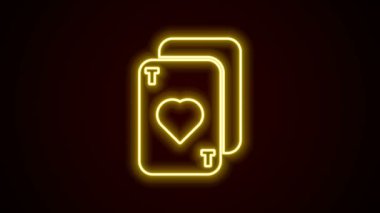 Parlayan neon hattı siyah arkaplanda izole edilmiş kart simgesi çalıyor. Kumarhane kumarı. 4K Video hareketli grafik canlandırması
