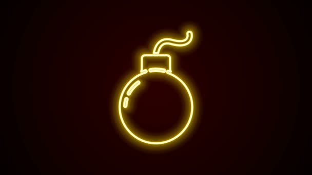 Gloeiende neon lijn Bom klaar om te ontploffen pictogram geïsoleerd op zwarte achtergrond. 4K Video motion grafische animatie — Stockvideo