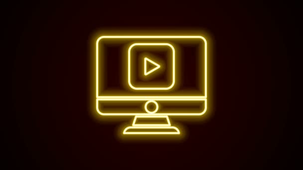 ネオンラインを光るオンライン再生ビデオアイコンは黒の背景に隔離されます。プレイサイン付きのコンピュータモニタとフィルムストリップ。4Kビデオモーショングラフィックアニメーション — ストック動画