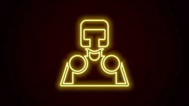Parlayan neon hattı, siyah arka planda izole edilmiş Ortaçağ şövalyesi ikonu. 4K Video hareketli grafik canlandırması