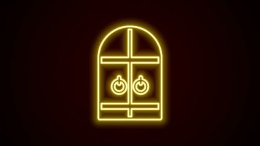 Parlayan neon hattı Ortaçağ kale kapısı simgesi siyah arka planda izole edildi. Ortaçağ kalesi. Düşmanlardan koruma. 4K Video hareketli grafik canlandırması