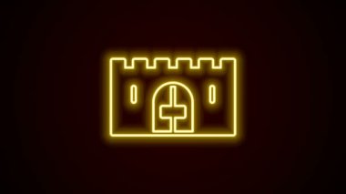 Siyah arka planda izole edilmiş taştan bir duvar simgesinde parlayan neon çizgili Ortaçağ kale kapısı. Ortaçağ kalesi. Düşmanlardan koruma. 4K Video hareketli grafik canlandırması
