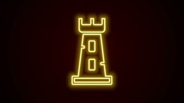 Parlayan neon hattı Castle kulesi simgesi siyah arkaplanda izole edildi. Kale işareti. 4K Video hareketli grafik canlandırması